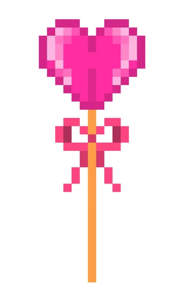 Rosafarbener Herzförmiger Lutscher Auf Einem Stock Mit Schleife Pixelkunst Ikone — Stockvektor