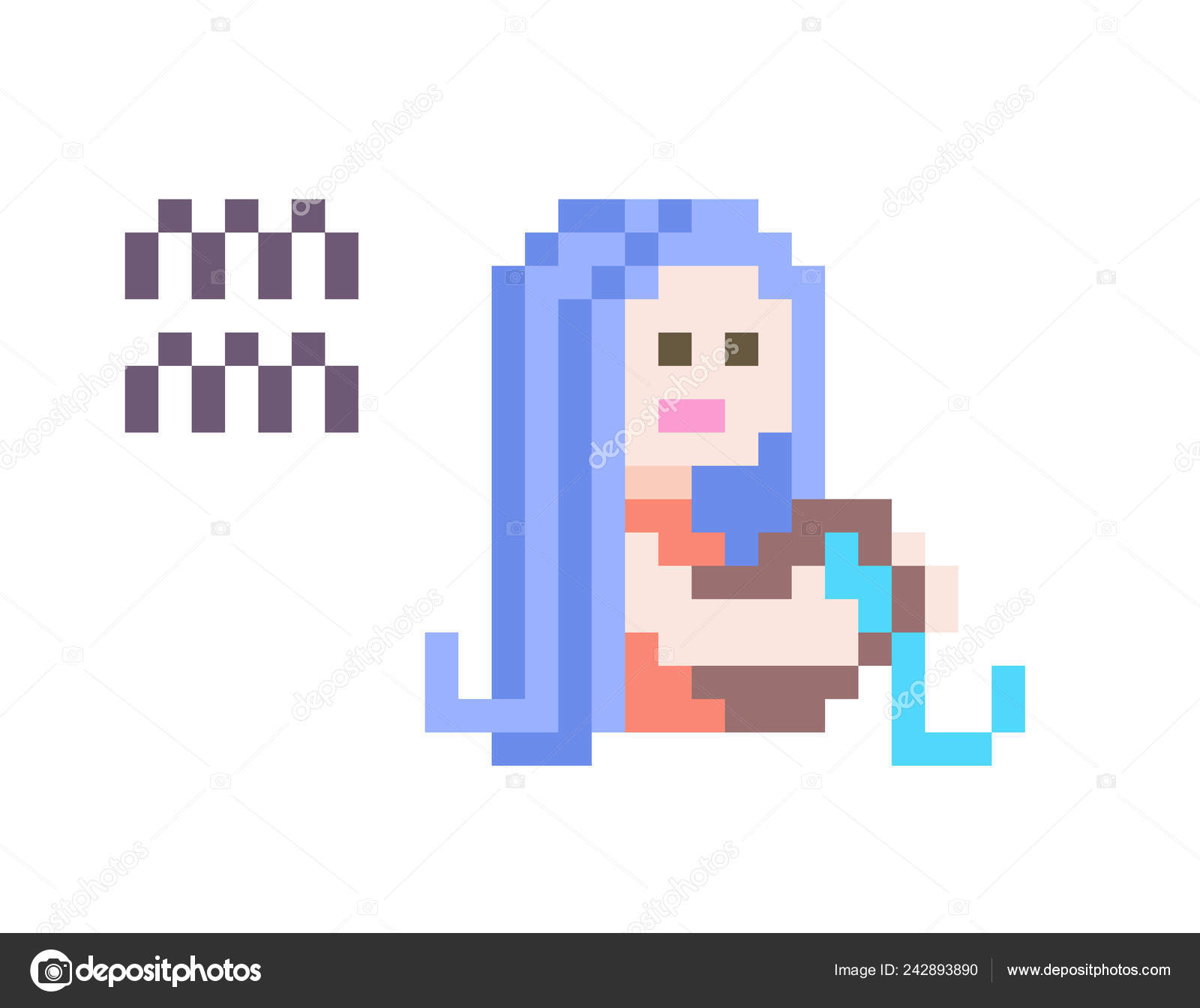 Aquarius Zodiac Sign Icon Bit Pixel Art Blue Haired Water