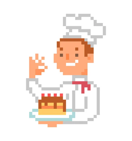 Chef Feliz Uniforme Apresentando Bolo Personagem Desenho Animado Arte Pixel — Vetor de Stock