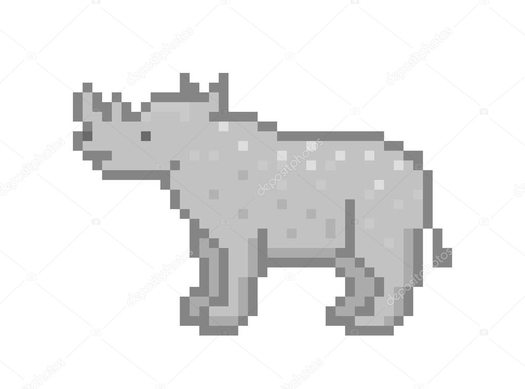 Large gray rhinoceros standing on the ground, 8 bit pixel art character isolated on white background. African wildlife animal symbol. Zoo/national park/safari rhino logotype/emblem/mascot/icon/sign.
