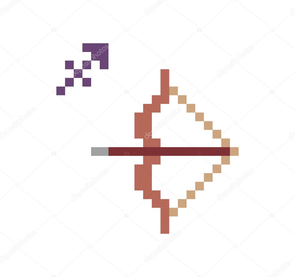 Sagittarius Zodiac sign icon, 8 bit pixel art bow and arrow isolated on white background. Astrological symbol. Esoteric science logo. Horoscope emblem.