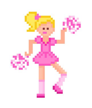 8 bit pixel art blonde cheerleader girl in a pink dress and socks jumping with pom-poms isolated on white background.Sport team support character.Retro 80s; 90s slot machine/video game graphics. clipart