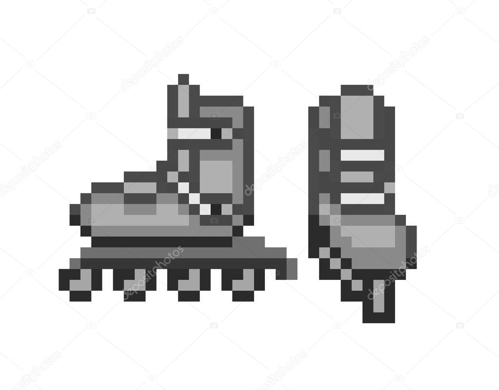 Pair of black inline roller skates, pixel art icon isolated on w