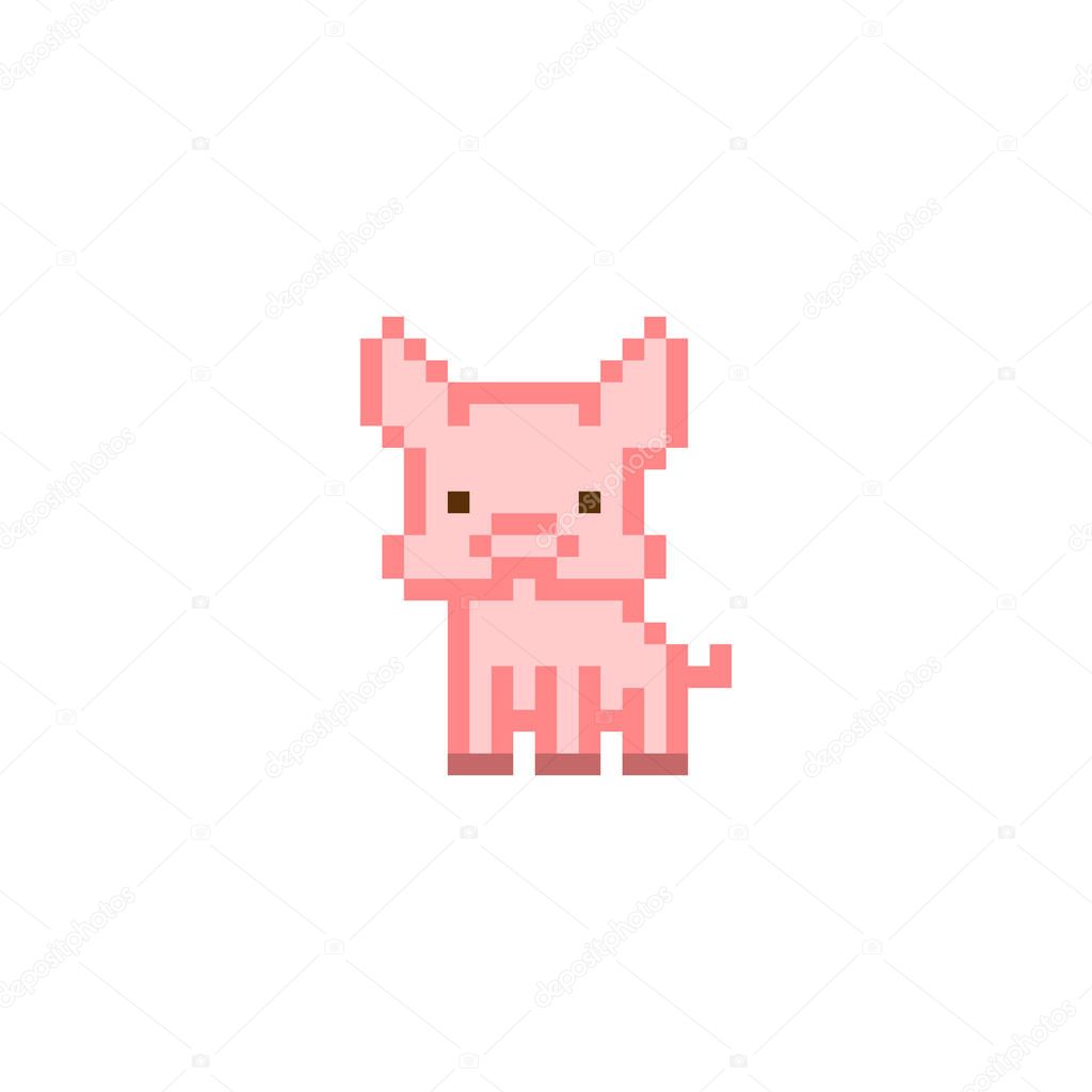 Pink pixel art pig character isolated on white background. Domesitc animal icon. Cute 8 bit logo. Retro vintage 80s; 90s slot machine/video game graphics. Chinese zodiac symbol.