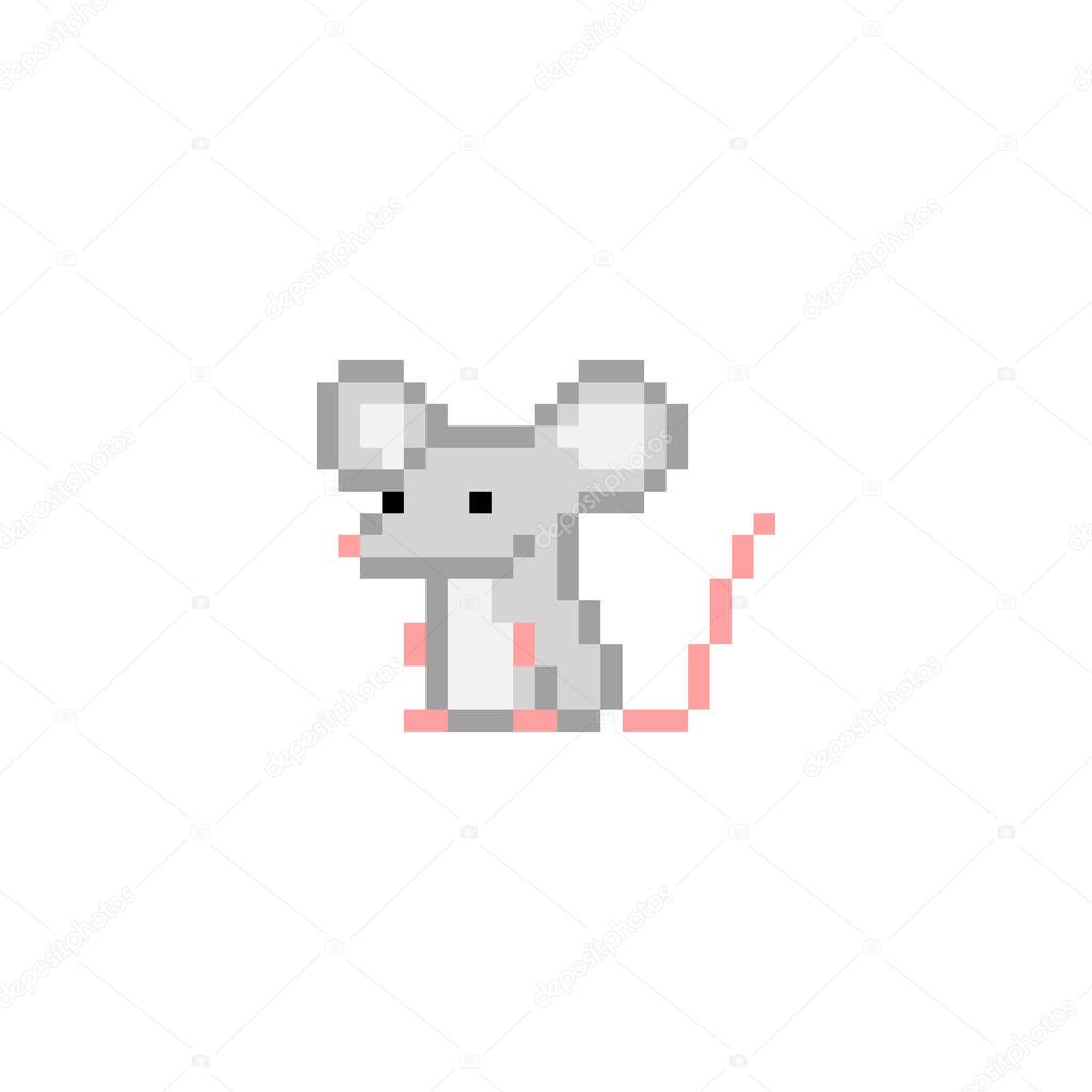 Gray pixel art sitting rat character isolated on white background. Domesitc animal icon. Cute 8 bit logo. Retro vintage 80s; 90s slot machine/video game graphics. Pet mouse. Chinese zodiac symbol.