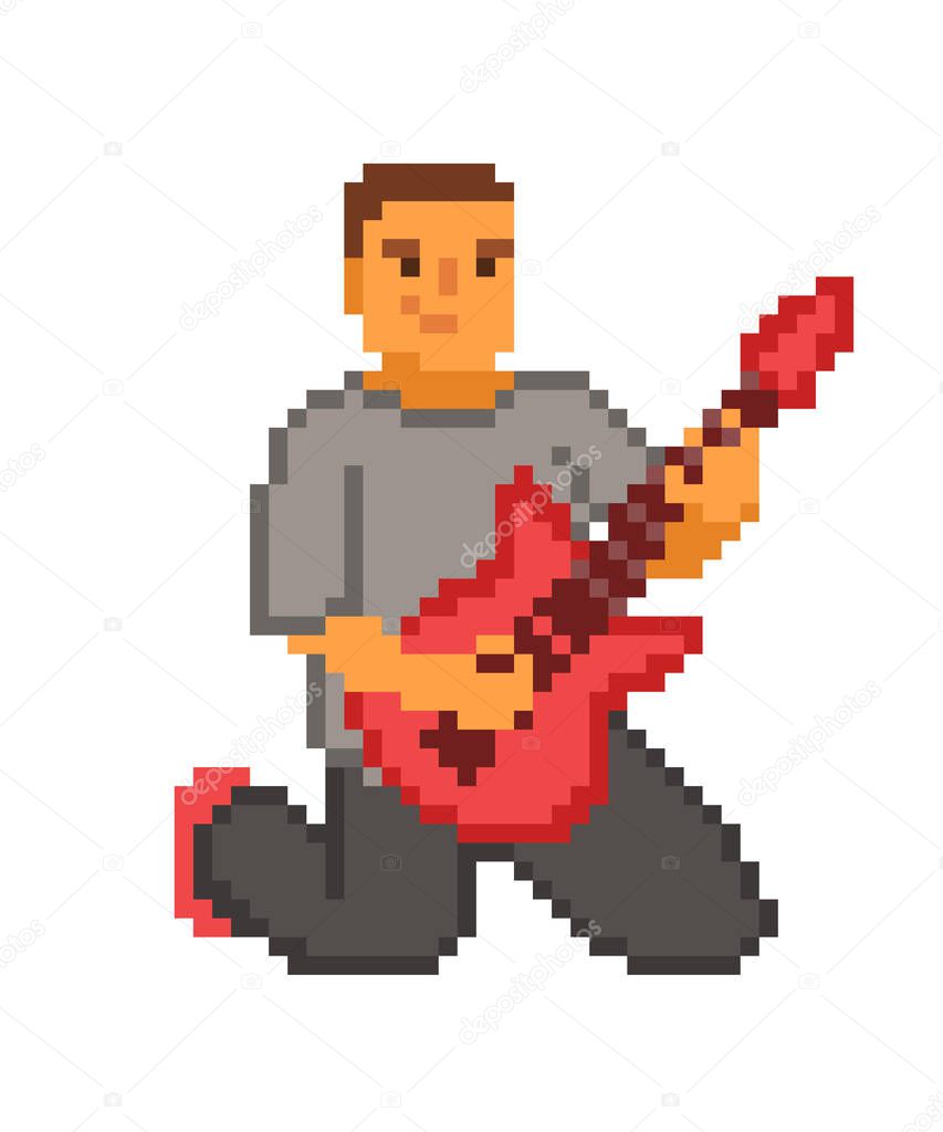 Man playing red electric guitar standing on his knees, old school 8 bit pixel art character. Guitarist performing on stage. Rock show. Music shop logo. Retro 80s-90s slot machine/video game graphics.