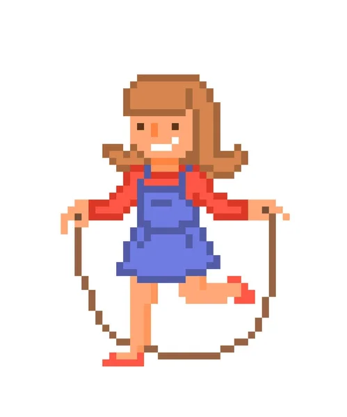 Gadis kecil berbaju merah dan gaun denim biru melompat dengan sk - Stok Vektor