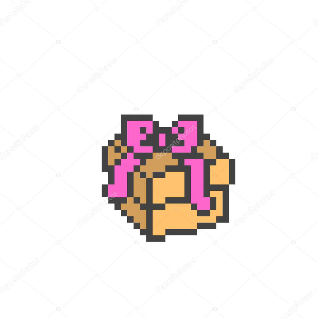 Cardboard gift box with pink ribbon bow, 8 bit pixel art icon is