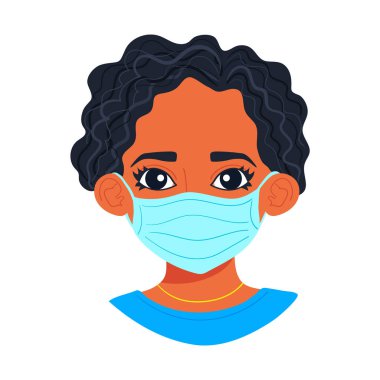Coronavirus koruması için steril tek kullanımlık tıbbi maske takan Afrikalı genç bir kadının portresi. Covid-19 pandemi kadın karakter avatarı, çizgi film stili siyah kız beyaz arka planda izole edilmiş.