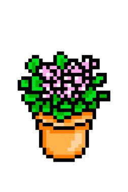 Saksıda çiçek açan pembe Kalanchoe, beyaz arka planda izole edilmiş pikselli resim ikonu. 8 bit dekoratif ev bitkisi. İç mekan / iç mekan elemanı. Eski usul vintage slot makinesi / video oyunu grafikleri.