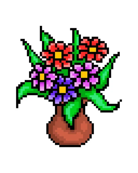 Bukiet Czerwonych Różowych Fioletowych Kwiatów Glinianym Wazonie Ikona Sztuki Pikseli — Wektor stockowy