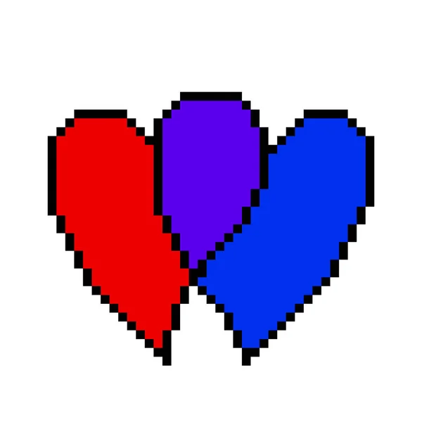 Δύο Διασταυρωμένες Επικαλυπτόμενες Καρδιές Τέχνης Pixel Απομονωμένες Λευκό Φόντο Κόκκινο — Διανυσματικό Αρχείο