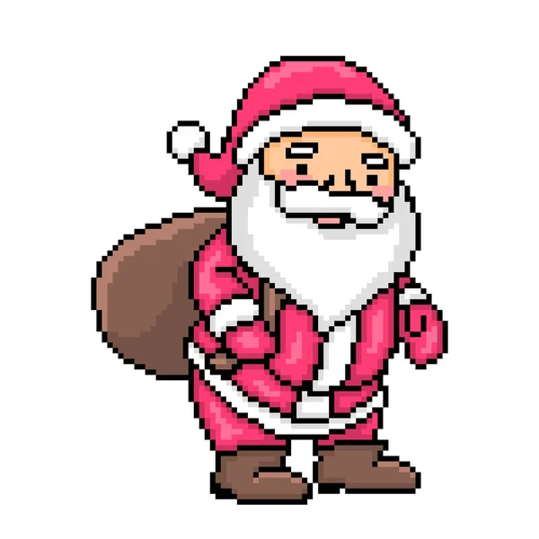 Pixel Art Santa Claus Bag Gifts Isolated White Background Bit — Stock Vector