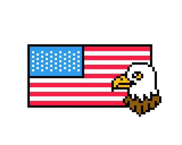 7月4日のイラスト アメリカ国旗を背景にしたピクセルアートイーグル 8ビット独立記念日バナー アメリカの休日の挨拶カード 古い学校のヴィンテージレトロスロットマシン ビデオゲームグラフィック — ストックベクタ