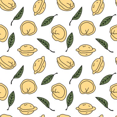  Beyaz arka planda hamur köfteleri ve kurumuş defne yapraklarıyla kusursuz desen. Pelmeni / pierogi duvar kağıdı. Geleneksel Rus mutfağı.