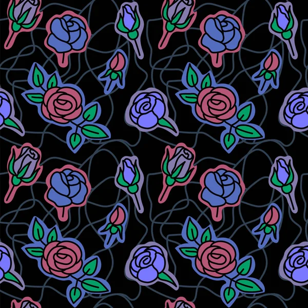 黒の網状の背景に赤と紫のバラと暗いシームレスなパターン 悲観的な花のハロウィーンの壁紙 — ストックベクタ