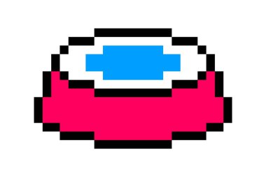 Kırmızı evcil hayvan su kabı, beyaz arka planda izole edilmiş pikselli resim ikonu. Kedi-köpek tabağı. Eski moda antika 80 'ler-90' lar video oyunu grafikleri.