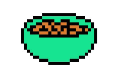 Evcil hayvan mamasıyla yeşil kase, beyaz arka planda izole edilmiş pikselli resim simgesi. Kedi-köpek tabağı. Eski moda antika 80 'ler-90' lar video oyunu grafikleri.