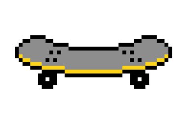 Beyaz arkaplanda pikselli resim kaykay simgesi izole edildi. ; 8 bit old school vintage retro 80 'ler-90' ların video oyunu grafikleri.