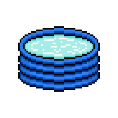 Beyaz arka planda izole edilmiş suyla dolu mavi pikselli şişme yüzme havuzu. Yaz tatili aktivitesi. Retro vintage 80 'ler; 90' lar slot makinesi / video oyunu grafikleri.