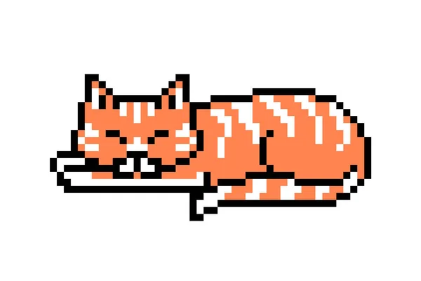 Pixel艺术睡眠条纹生姜猫隔离在白色背景 宠物动物图标 可爱的8位标志 复古的80年代 90年代老虎机 电子游戏图形 — 图库矢量图片