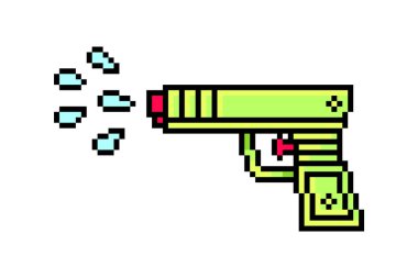 Asit yeşili şeffaf plastik su tabancası suyu vuruyor, pikseller beyaz zemin üzerinde izole edilmiş. Çocuk oyuncağı sembolü. Yazın açık hava aktivitesi. 8 bit antika slot makinesi / video oyunu grafikleri.