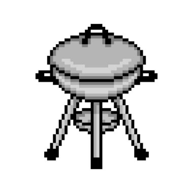 Metal barbekü tenceresi ızgarası, beyaz arka planda izole edilmiş pikselli resim ikonu. Barbekü partisi ekipmanları. Yazın açık hava aktivitesi. Piknik yemeği. 8 bit antika slot makinesi / video oyunu grafikleri.