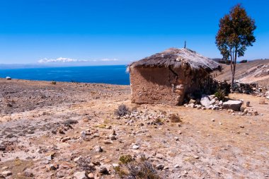 Arka planda karlı dağlarla Titicaca adasına sığınmak.