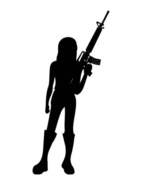 Mulher Segurando Rifle Silhueta Preta Branco — Vetor de Stock