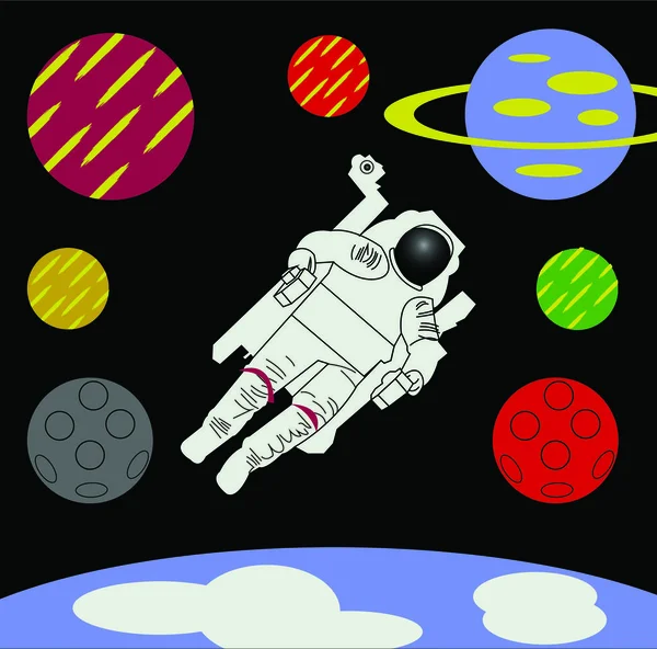 Astronauta Espacio Con Planetas Alrededor — Vector de stock