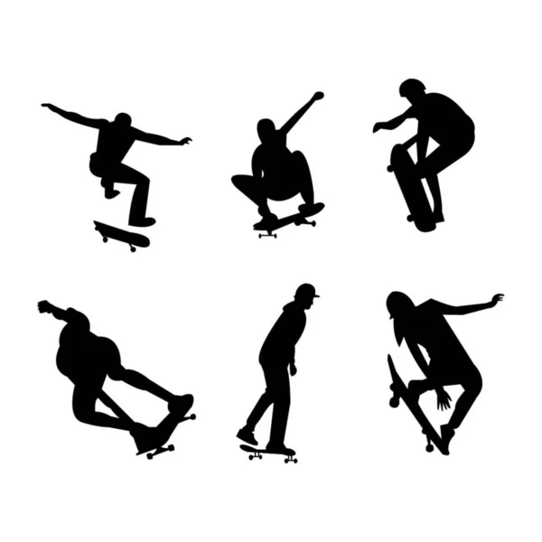 Schwarze Skateboarding Silhouetten Auf Weiß — Stockvektor