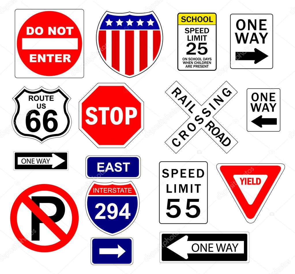 USA road traffic signs on white