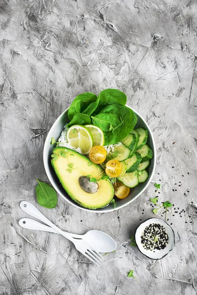 Vejetaryen sebze yaz avokado mikro-yeşillik kase. Üstten görünüm.