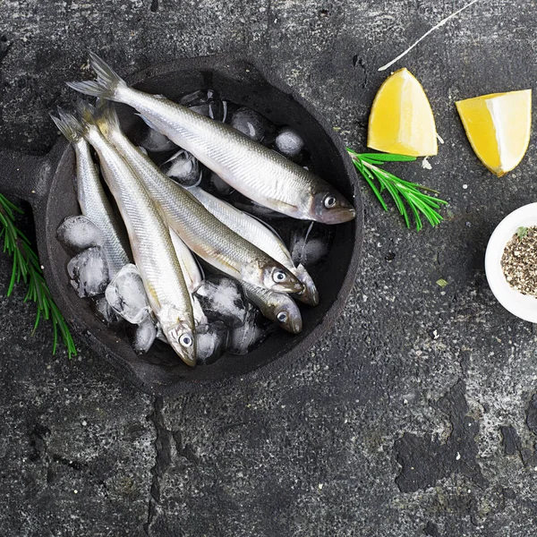 Poisson Mer Frais Sardines Prêt Cuire Avec Citron Thym Romarin — Photo