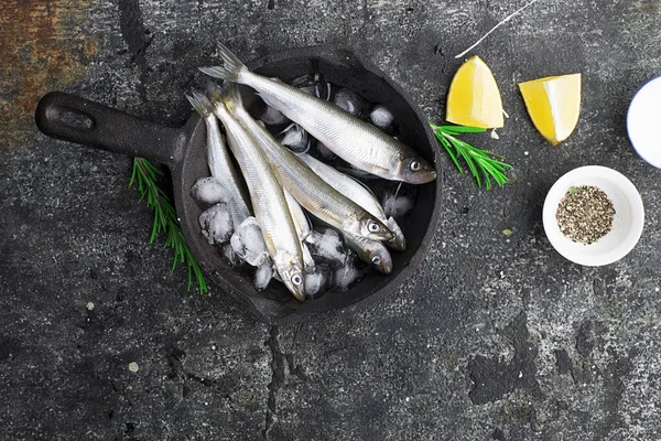 Poisson Mer Frais Sardines Prêt Cuire Avec Citron Thym Romarin — Photo