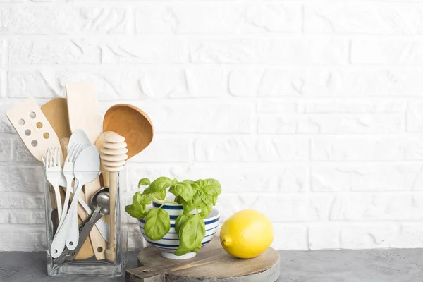 Kitchen Tools Olive Cutting Board Kitchen Shelf White Brick Wall — Stock Photo, Image