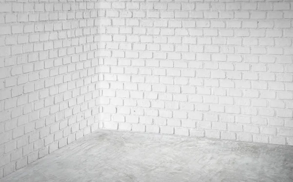 Lege Hoek Witte Moderne Bakstenen Muur Grijs Betonnen Vloer Perspectief — Stockfoto