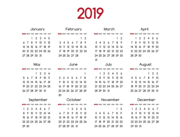 2019 新しい年のベクトルのカレンダー ラウンド セリフ フォント 休日イベント プランナーの開始曜日は日曜日とモダンなシンプルなデザイン — ストックベクタ