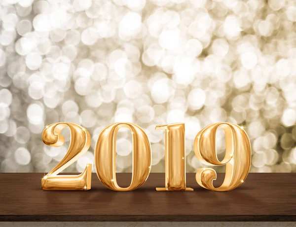 Mutlu yeni yıl 2019 altın altın bokeh Duvar ile koyu kahverengi masa, tatil bayram kutlama concept.copy alanı görüntülemek için bir metin veya içerik parlayan yıldızı parlak