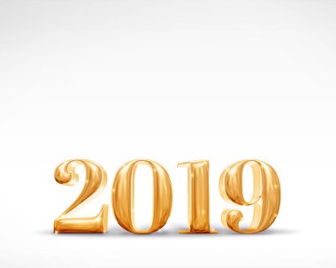 Beyaz Oda, tatil kartı, metin eklemek için izin alan 2019 mutlu yeni yıl altın sayı (3d render).