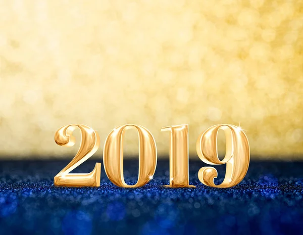 happy new year 2019 year number ( 3d rendering ) at sparkling golden and navy blue glitter studio background ,Holiday celebration Greeting card