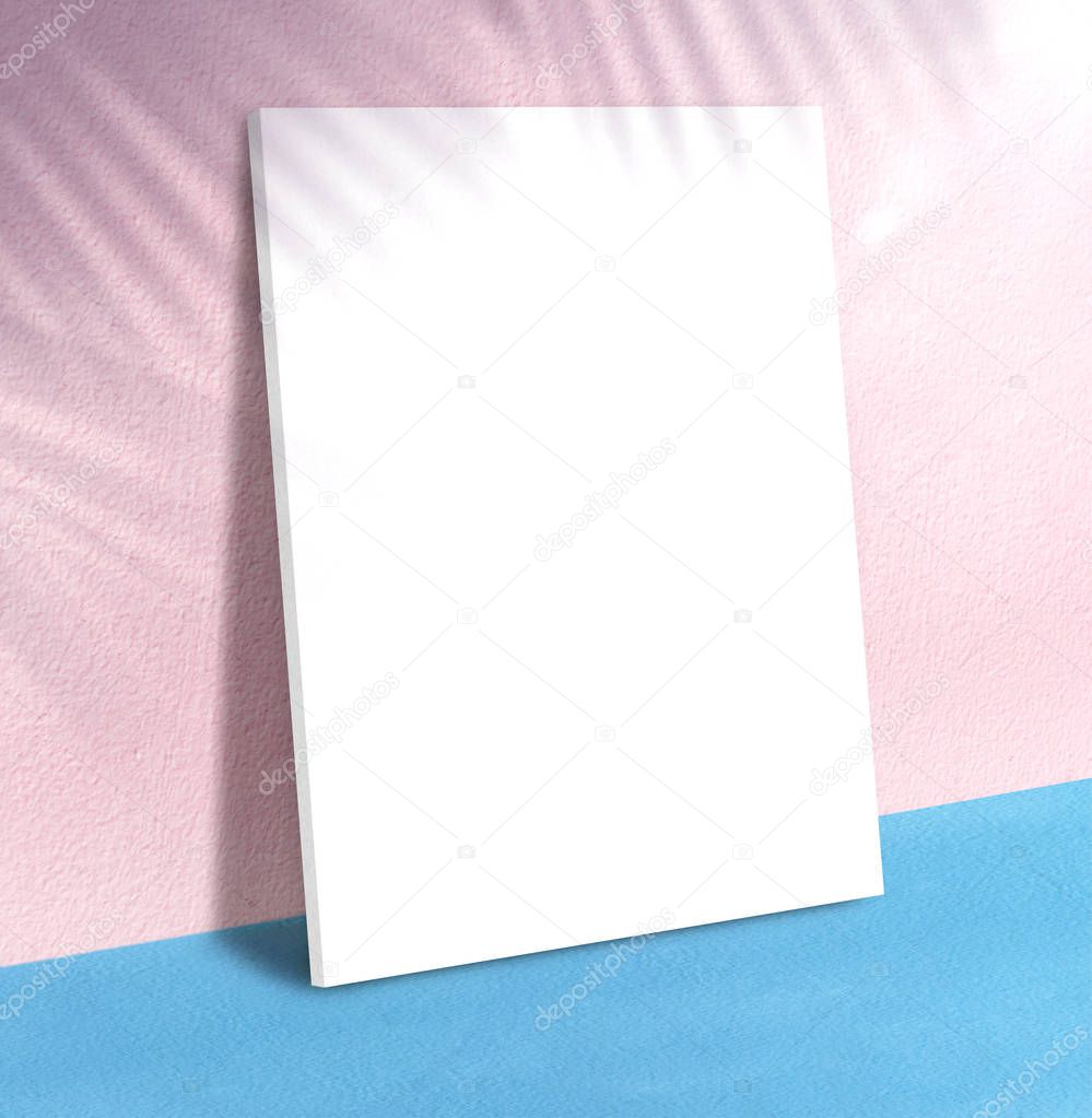 Blank poster at pastel pink wall and blue floor with palm leaf shadow with sunbeam background,Mock up studio room for display of product for advertising on media,Summer holiday vacation presentation