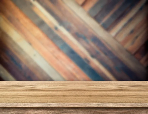 Modern Wooden Table Top Blurred Diagonal Wood Plank Wall Template — Stock Photo, Image