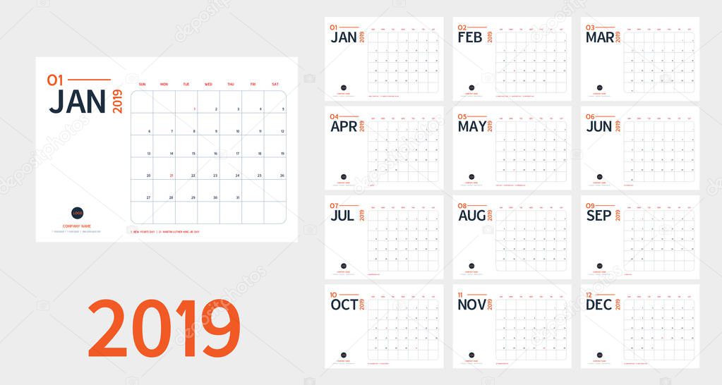 Vector of 2019 new year calendar in clean minimal table simple style and blue and orange color,Holiday event planner,Week Starts Sunday.include holiday event.A5 size