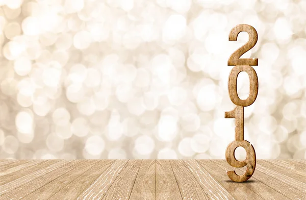 2019 Happy Year Wood Number Perspective Room Sparkling Bokeh Wall — Stock Photo, Image