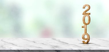 2019 tahta numarası (3d render) bulanıklık Soyut Yeşil bokeh beyaz mermer masa üzerinde arka plan, ekran veya ürün, montaj için afiş yer sahte yeni yıl kutlama tebrik kartı tatil