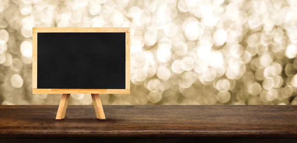 Blank Blackboard Wood Table Blur Abstract Sparkle Gold Background Bokeh — Stock Photo, Image