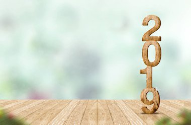 Yeni yıl 2019 tahta sayısına (3d render) ahşap plank görüntü Soyut Yeşil bokeh arka plan, masada alay görüntülemek ya da ürün, tatil kutlama tebrik kartı montaj için afiş yer