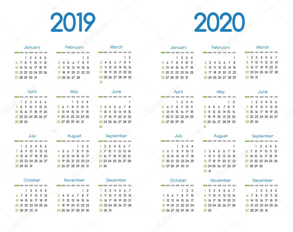 New year 2019 and 2020 vector calendar modern simple design with round san serif font,Holiday event planner,Week Starts Sunday