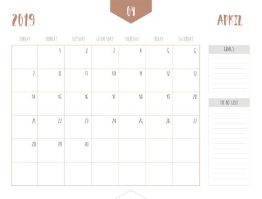 Takvim basit temiz tablo stili gol ile ve Liste Kutusu'na 2019 (Nisan) vektör; Tam 21 x 16 cm boyut; Pazar günü hafta Başlat